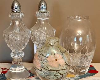 Cut Crystal Salt & Pepper Shakers & Art Glass Vases