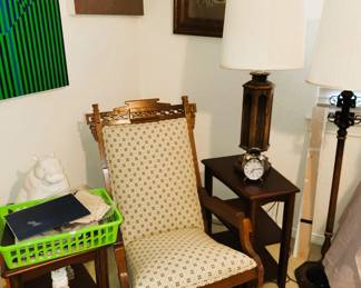 Seating area with Platform Rocking Chair, 2 Recliner Chairs and retro lamps