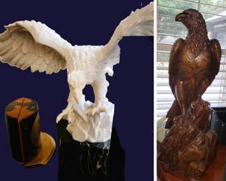 Two Eagle Statues: Carved stone and carved wood