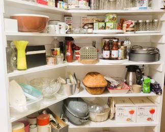 Kitchen Basics: Storage, ball jars, glassware, Pyrex Brown, Tupperware, Thermos. . .