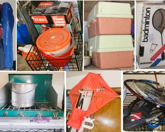 Camping and Fishing Gear: Chairs, Camp Stove, Fishing Poles and Gear. 2 handle kite, Badminton, croquet, and racquet sports
