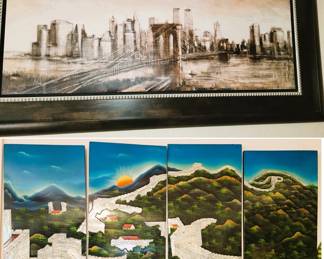 Large NYC Framed art and Vietnamese lacquer painting panels depicting the Great Wall of China