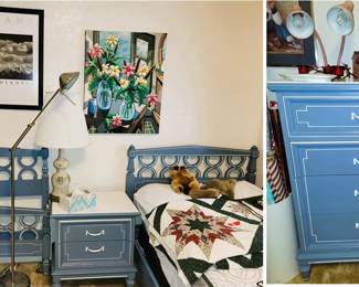 Retro Blue Twin Bedroom Suite.  Chest $115 Thursday $75 Friday.  Bedframes and side tables $58 each Thursday $37.50 Friday