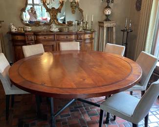 72" round dining table with black metal base and 6 dining chairs