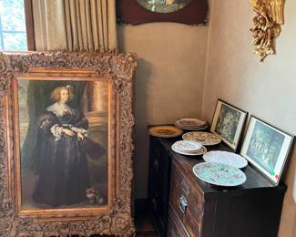 Antique - Large oil painting framed and mahogany framed print; Crate & Barrel 2-drawer file cabinets (set of 2 available), gold sconce (set of 2 available)
