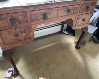 English walnut inlay desk with leather top and claw-foot