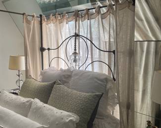 Queen Iron 4-poster/canopy bed, queen mattress set, and linens