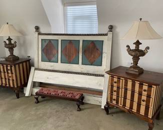 Hand-painted nightstands (matched set of 2 available), queen hand-painted bed, antique bed stool with velvet upholstery, and designer lamps