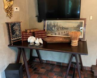 Crate & Barrel Architecture desk and primitive wood serving bowl, first edition books, and more