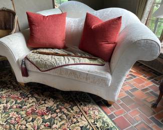 Matched set of 2 "Fainting" couches - single cusion and large curved arm and back, and set of 2 down Euro shams/pillows