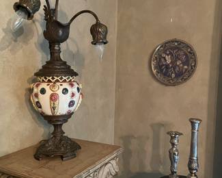 Large bronze and porcelain lamp