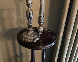 plant stand and pewter candle holders
