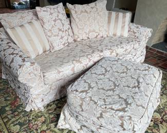 Slip-covered couch with back cushions - 2 seat cushions and slip-covered ottoman