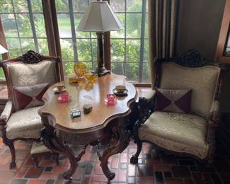 European Armchairs and Antique table, brass lamps, and collectibles