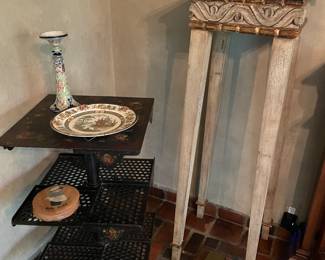 Plant stand (matched set of 2 available) and Antique 3-tier metal side table on casters