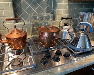 Copper pot and tea kettle, Alessi tea kettle and more