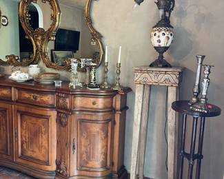 Another view of the Italian Walnut sideboard and plant stands. Ivory plant stand with gold leaf accents (matched set of 2 available)