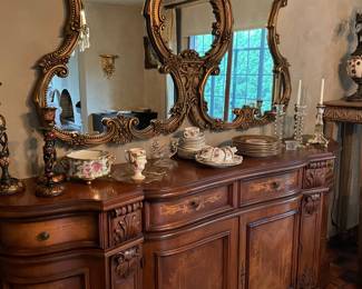 Italian Walnut Sideboard and large European mirror, candleholders and more!