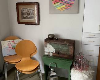 Primitive side table and chest, MCM bentwood chairs, foot stool, , lantern, stainless planter and more!