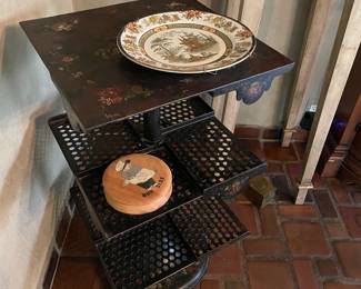 Antique hand-painted 3-tier table on casters