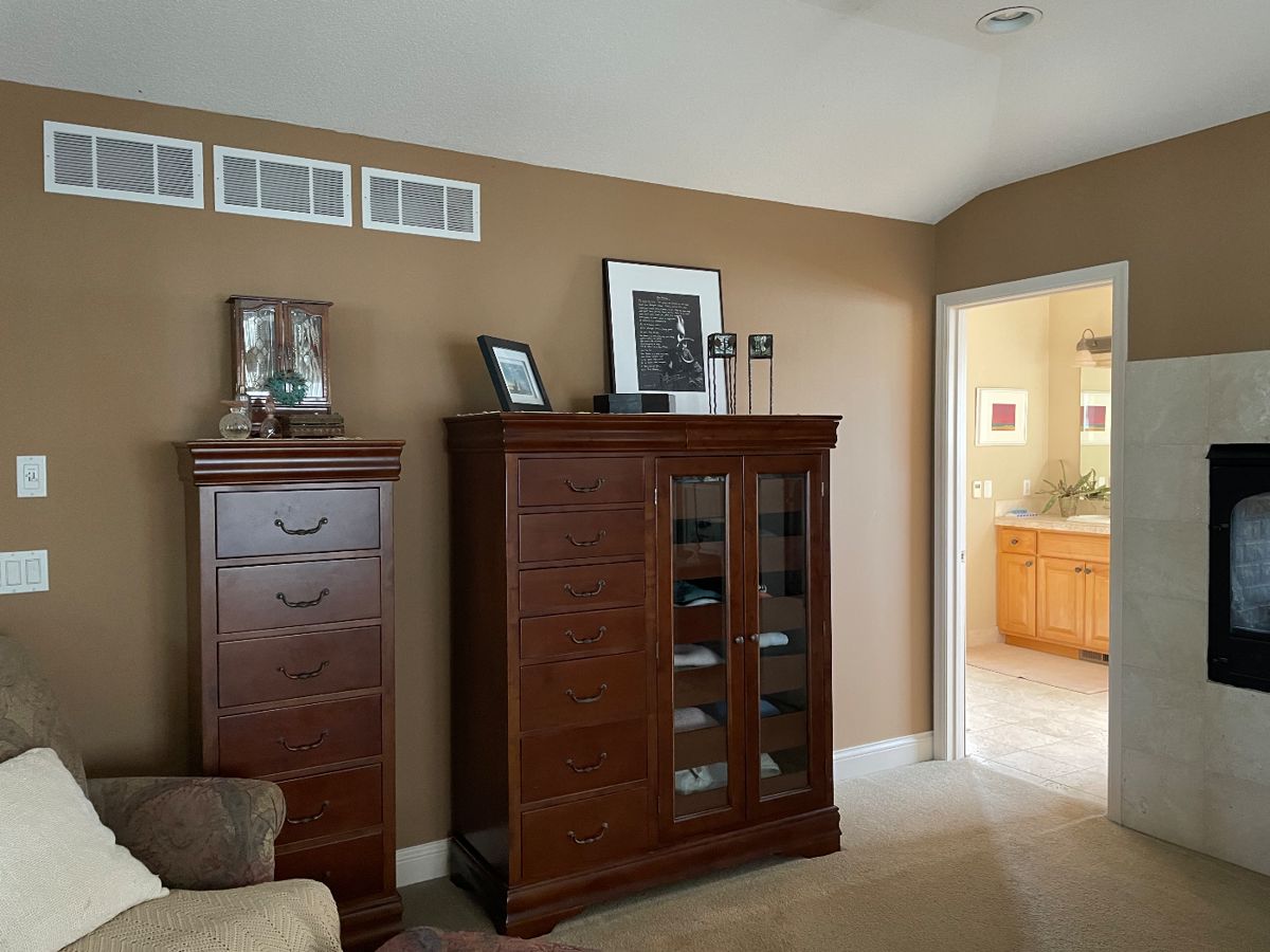 Master Bedroom set, 2 dressers, 2 side tables, TV armoire, chest and queen size sleigh-style headboard - see following pics. No pic of bed - in good shape but needs to be put together .