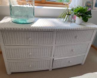 White wicker bedroom set includes large dresser, one side table and queen headboard - see following pics 