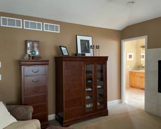 Master Bedroom set,  2 dressers, 2 side tables, TV armoire, chest and queen size sleigh-style headboard - see following pics. No pic of bed - in good shape but needs to be put together . 