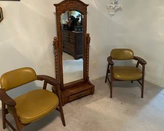 Pair of Eck Adams MCM teak armchairs, Mirror on solid oak stand