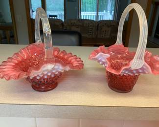 2 Fenton cranberry hobnail ruffled baskets