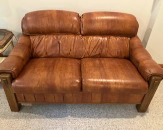 Vintage brown vinyl loveseat w solid oak arms