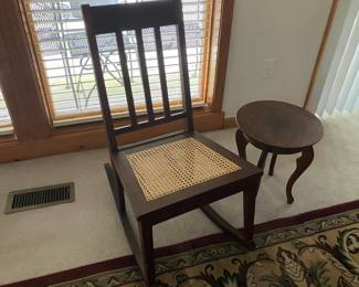 Antique rocker w caned seat, small antique oak table