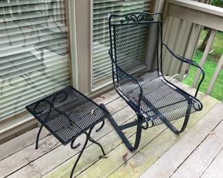 Wrought iron rocking chair, small table