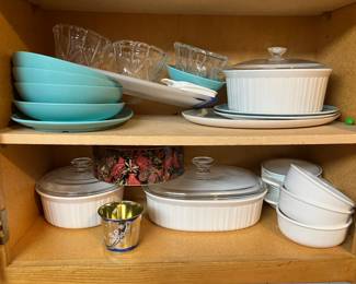 Turquoise melamine dishes, French White Corning Ware