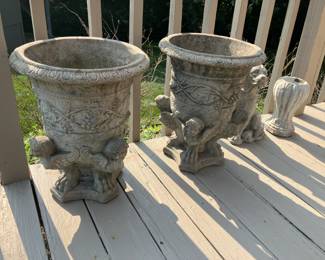 Large concrete urns w cherubs, Concrete dog