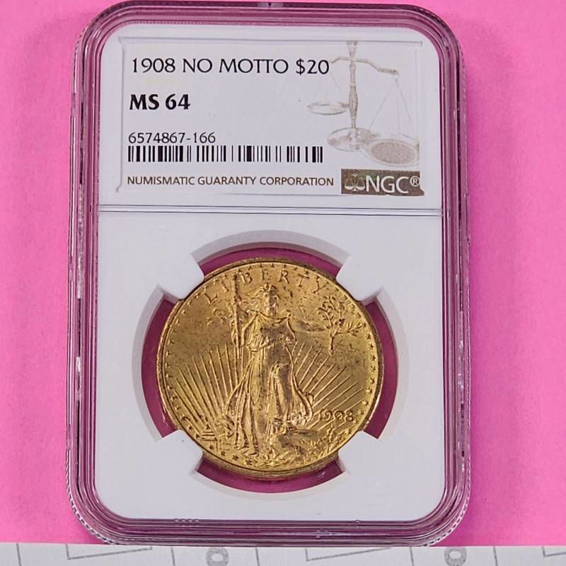 Certified 1908 No Motto $20 MS 64 Gold St. Gaudens NGC