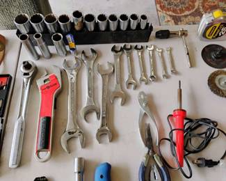 Assortment of Hand Tools - Hand Saws, Wrenches, Socket Wrenches, Screwdrivers, Hammers, Clamps, Wire Cutters, Putty Knives, Pliers