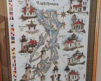 Framed & Matted Map of Puget Sound Lighthouses