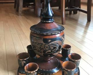 Primitive Wood Carved Decanter Carafe, Tray and 6 Cups