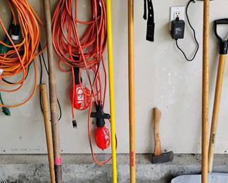 Assortment of Gardening Tools - Thatching Rake, Garden Rake, Garden Shovel, Push Broom