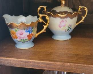Gold Rimmed Floral China Creamer and Sugar Bowl