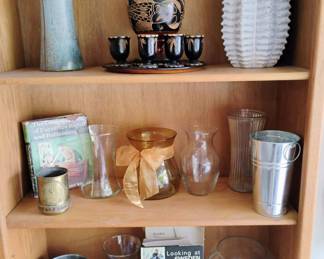 White "Urchin" Vase, Blue Mountain Pottery Bud Vase, Primitive Wood Carved Decanter Carafe, Tray and 6 Cups