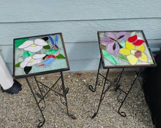 Pair of Floral Stained Glass Top Plant Stands