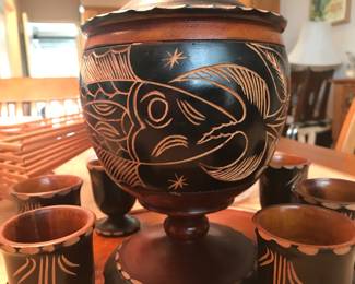 Primitive Wood Carved Decanter Carafe, Tray and 6 Cups