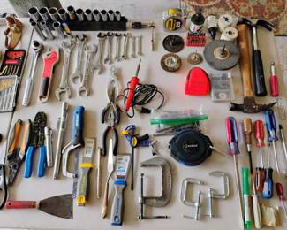 Assortment of Hand Tools - Hand Saws, Wrenches, Socket Wrenches, Screwdrivers, Hammers, Clamps, Wire Cutters, Putty Knives