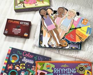 EebooFairytale Spinner Game Board Game, Eeboo Paper Doll Game, Exploding Kittens Card Game, The Color Of Us 30-piece Puzzle, Eeboo Rhyming Words Puzzle Pairs