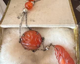 Chinese Carved Carlelian & Sterling Necklace
