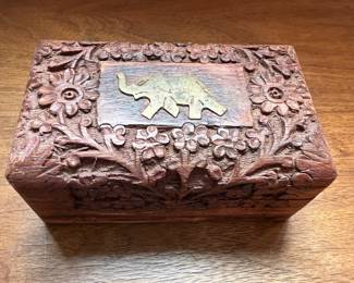 Brass Elephant Inlayed Carved Wood Trinket Box