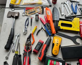 Assortment of Hand Tools - Hand Saws, Pliers, Tin Snips, Screwdrivers, Wrenches, Hatchet