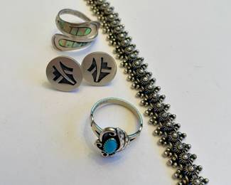 Sterling & Turquoise Ring, Mother of Pearl Sterling Ring, Sterling Filigree Floral Link Bracelet