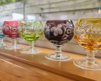 Set of 5 Multicolored Nactmann Germany Cut to Clear Crystal Cognac Glasses